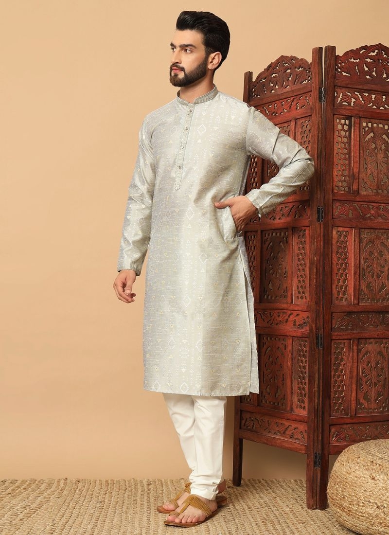 New jacquard kurta pajama suit for men in light grey