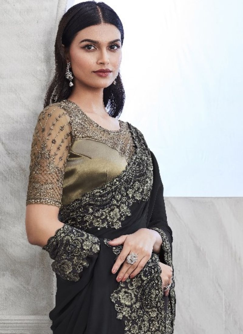 Exquisite chiffon saree with embroidered blouse in black