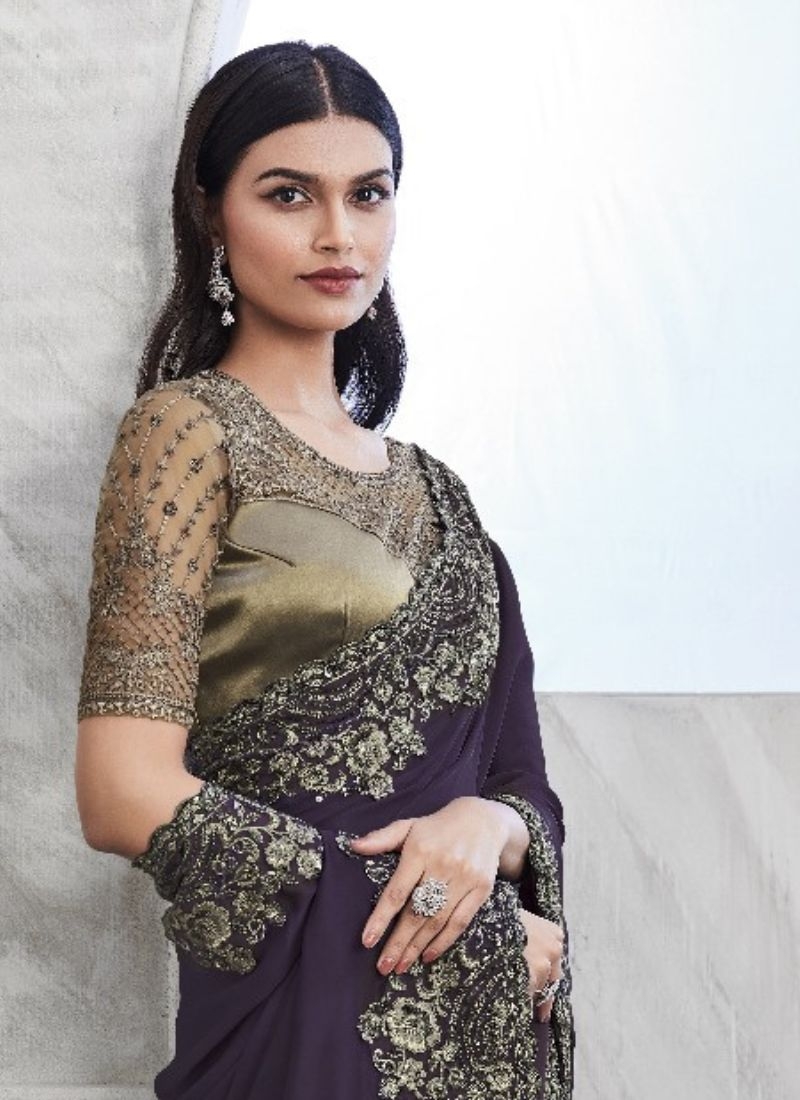 Exquisite chiffon saree with embroidered blouse in dark purple