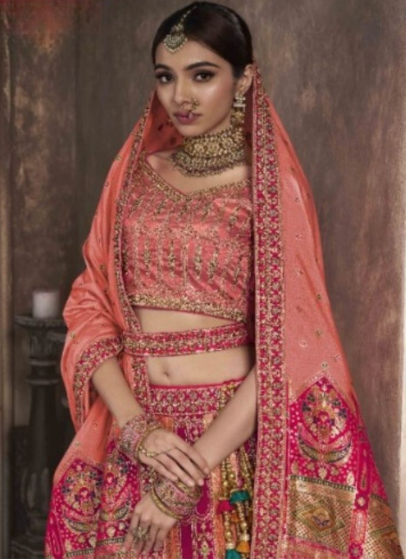 Designer lehenga with beautiful embroidered dupatta in peach