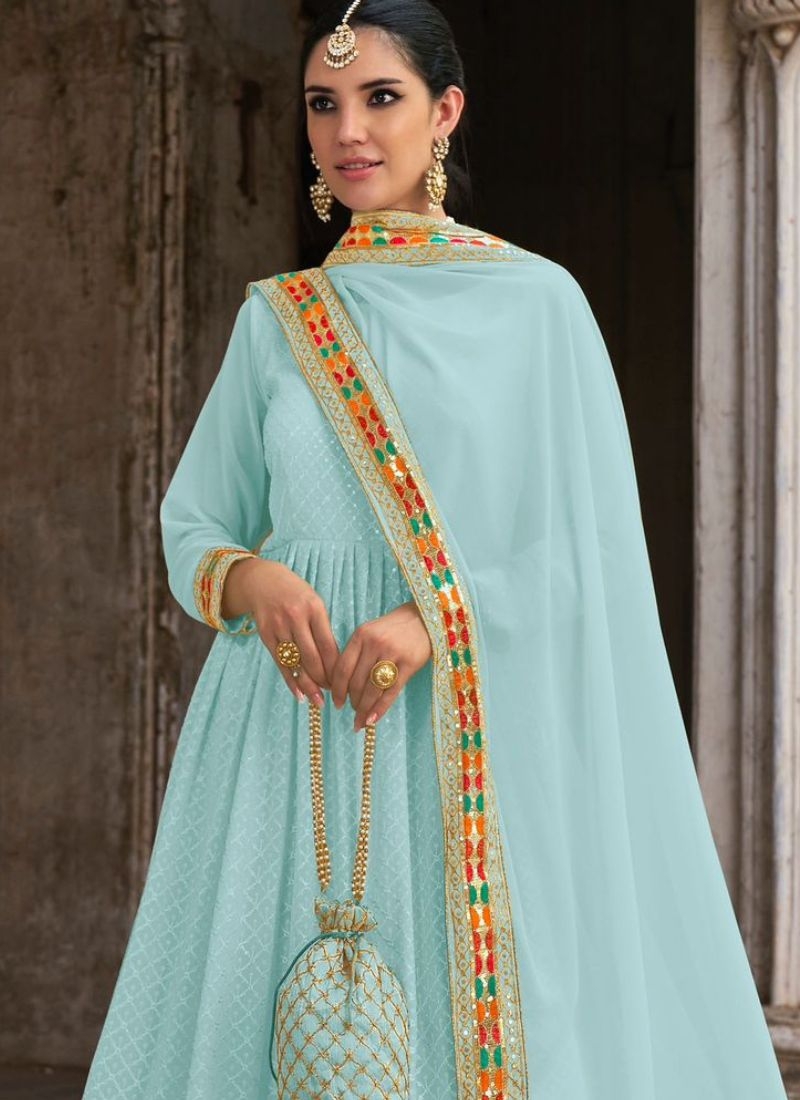 Designer georgette anarkali suit with embroidered dupatta in blue