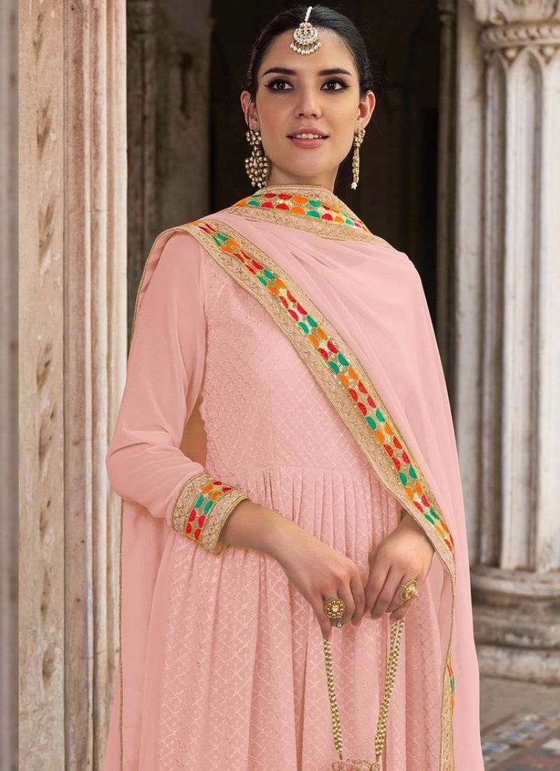 Designer georgette anarkali suit with embroidered dupatta in pink