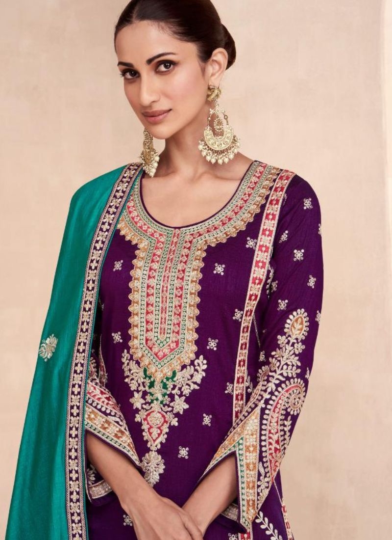 Stunning straight palazzo suit with embroidered dupatta in purple