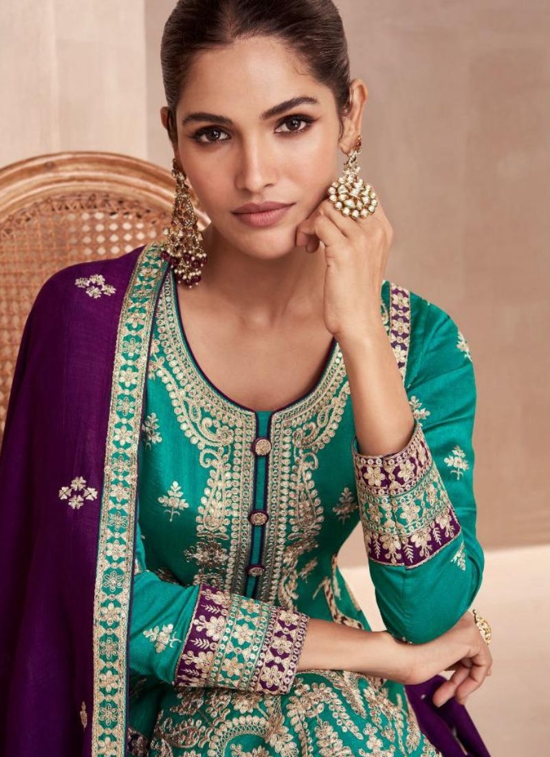 Stunning straight palazzo suit with embroidered dupatta in green