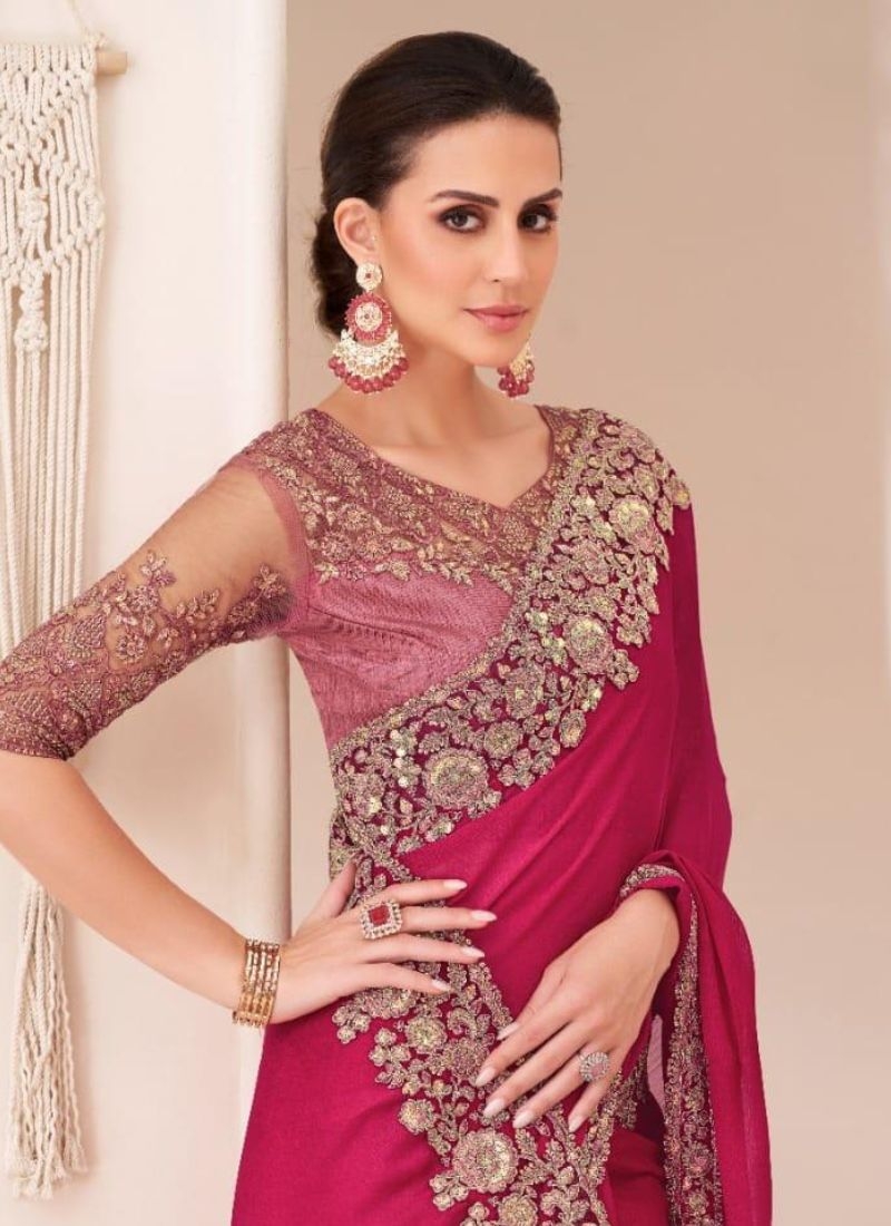 Designer silk saree with embroidered blouse in dark pink