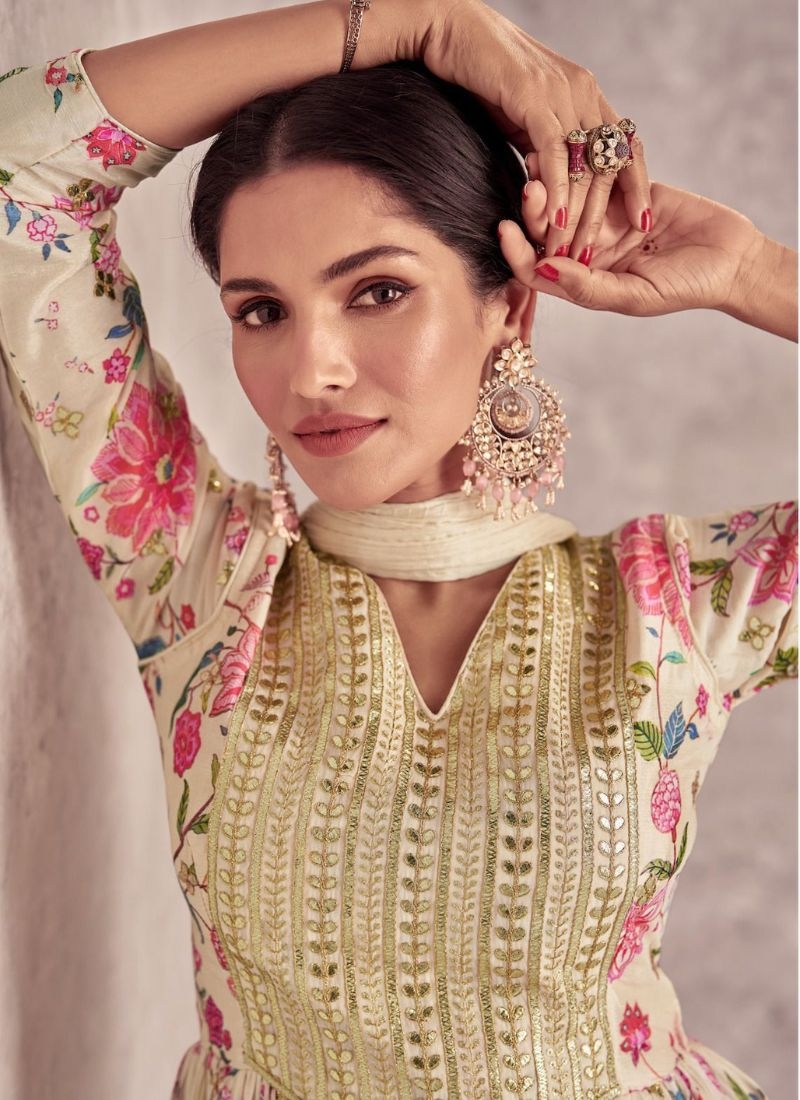 Designer sharara suit with floral printing in beige