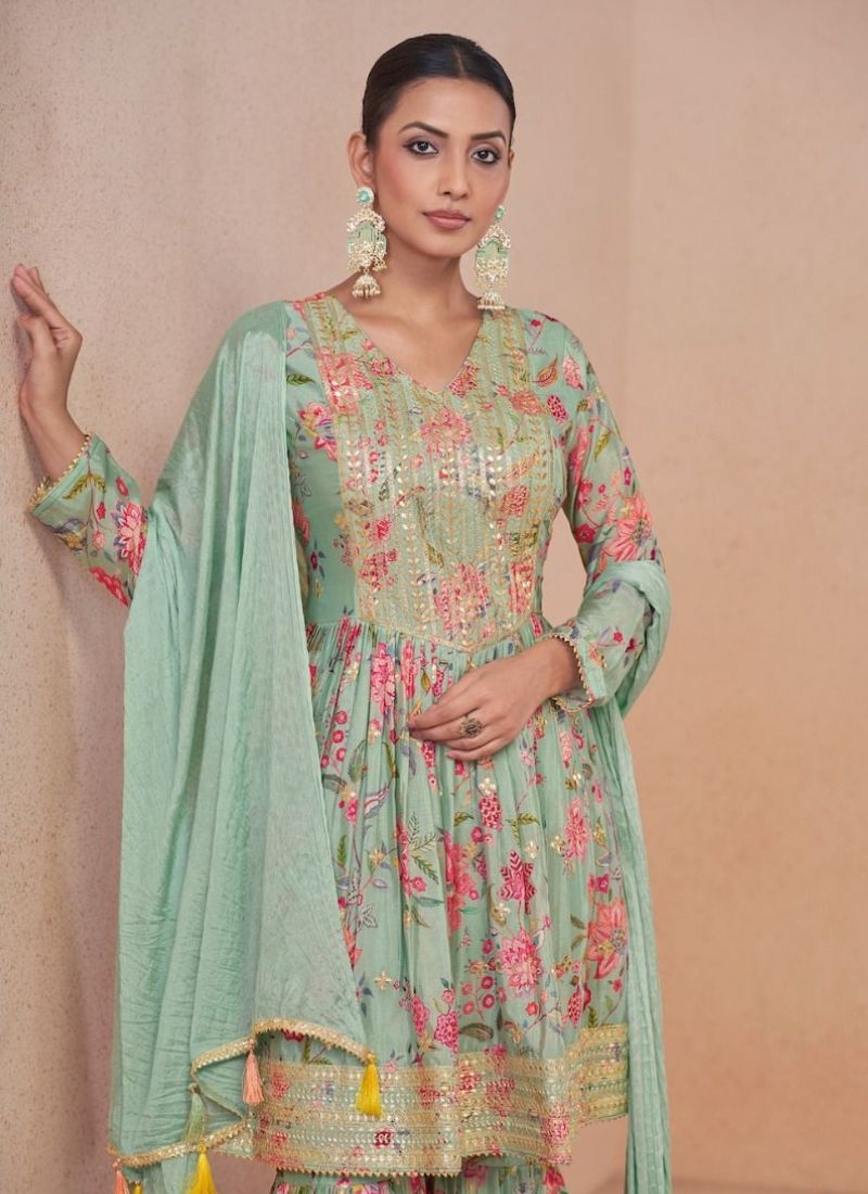 Designer sharara suit with floral printing in green