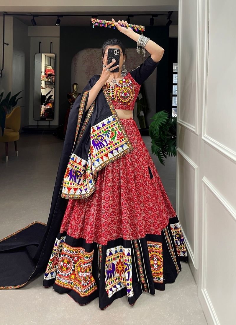 Navratri special lehenga with mirror work embroidery in red