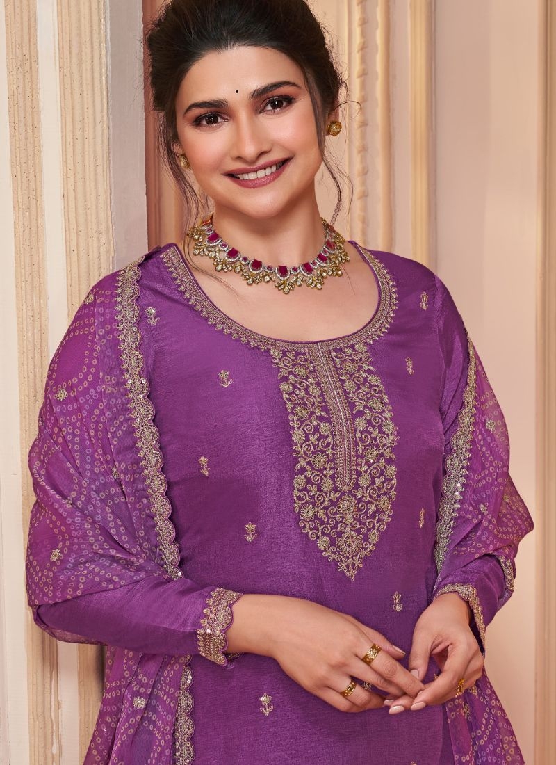 Beautiful pantsuit with printed chinon dupatta in purple