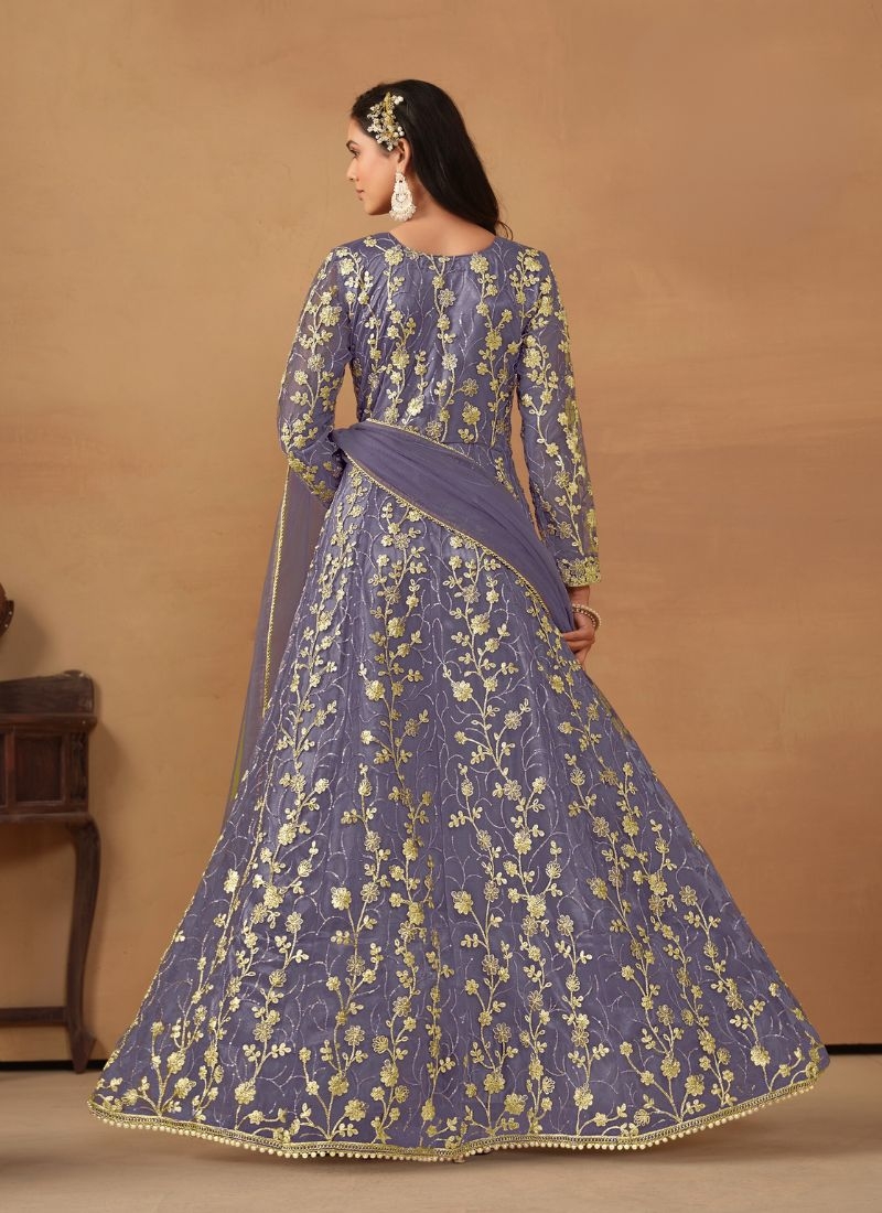 Net embroidered beautiful Anarkali suit  in purple