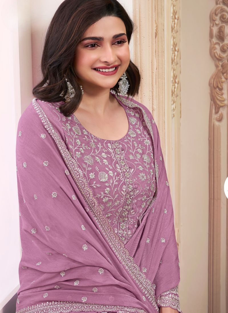 Amazing chinon pantsuit with embroidered dupatta in purple