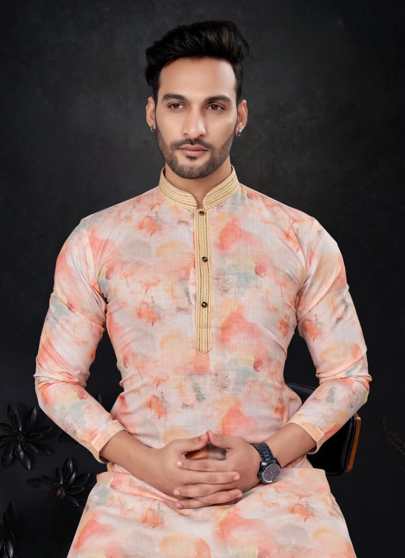 New cotton Kurta pajama with floral printing in peach