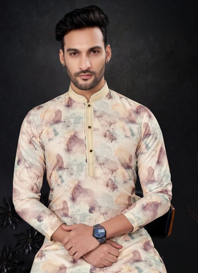 New cotton Kurta pajama with floral printing in cream