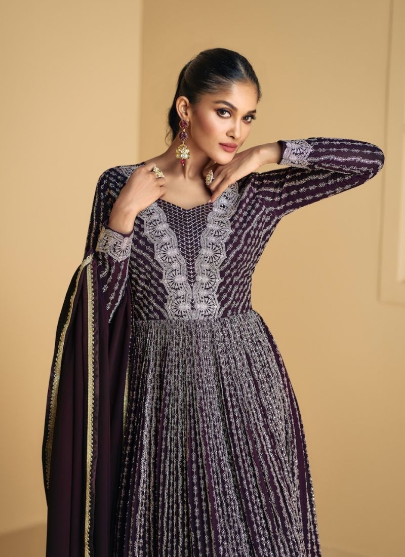 Stunning georgette anarkali suit with embroidered dupatta in dark purple