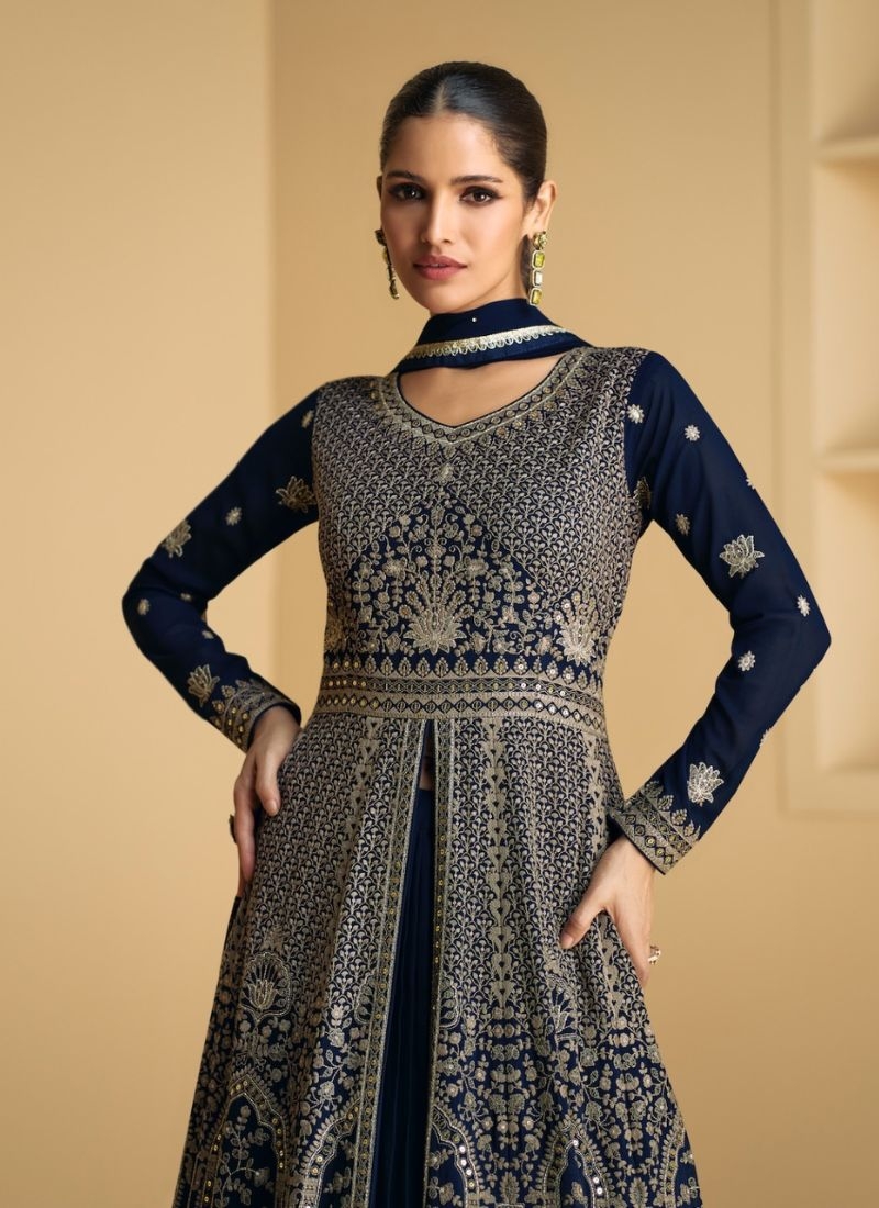 Stunning georgette anarkali suit with embroidered dupatta in dark blue