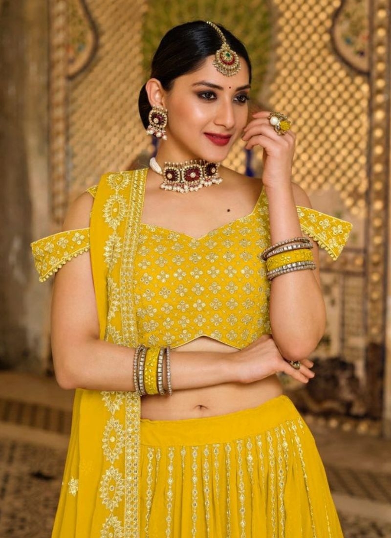 Heavy georgette wedding lehenga with beautiful dupatta in yellow