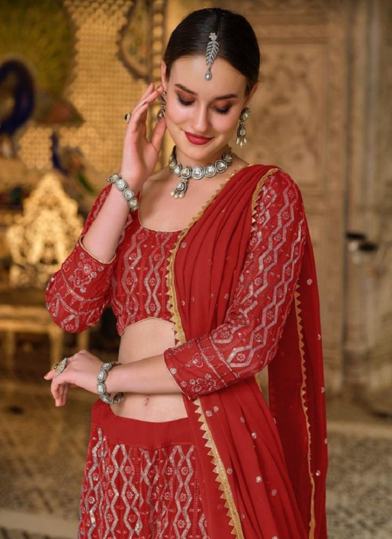 Heavy georgette wedding lehenga with beautiful dupatta in red