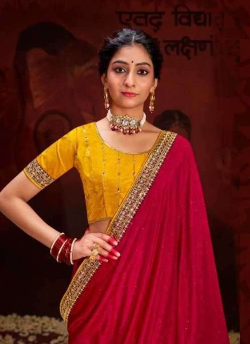 Trendy silk saree with beautifully embroidered blouse in red