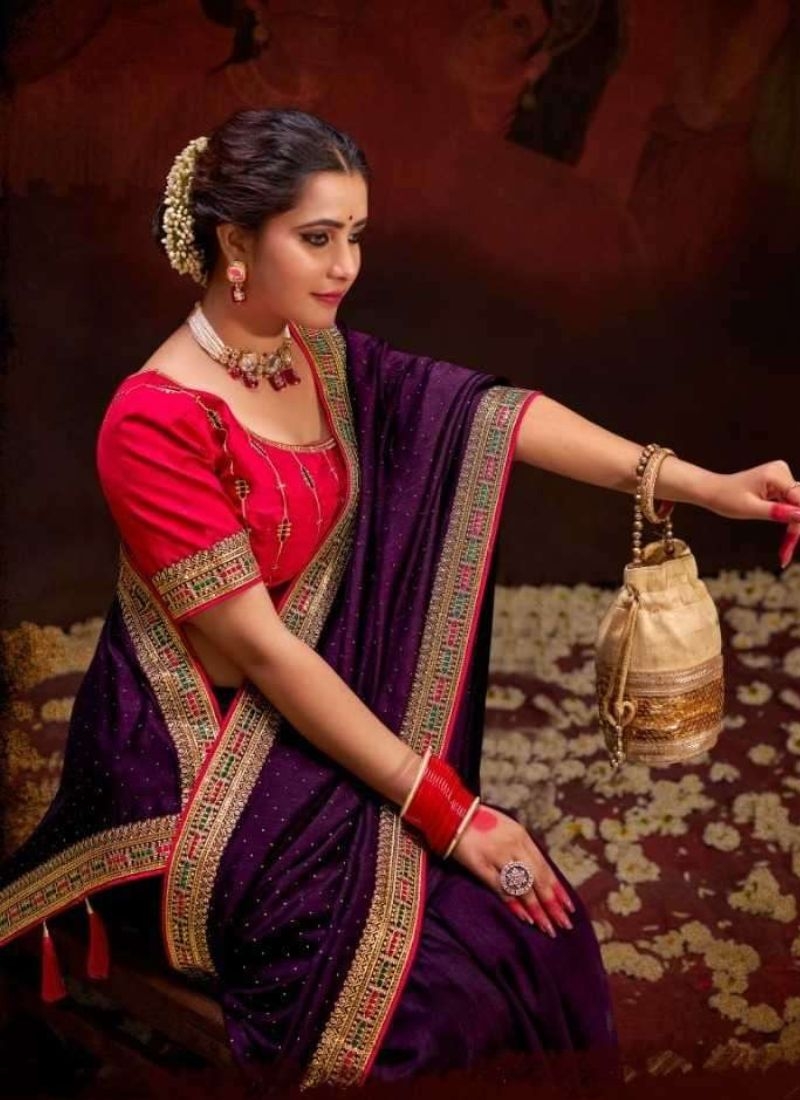 Trendy silk saree with beautifully embroidered blouse in purple