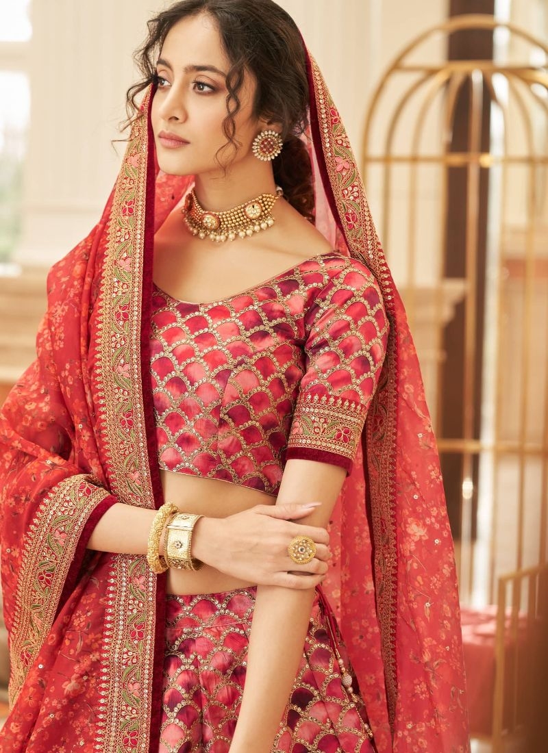 Beautiful lehenga with embroidered dupatta in red