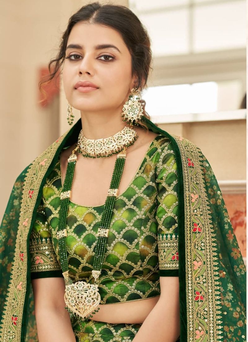 Beautiful lehenga with embroidered dupatta in green