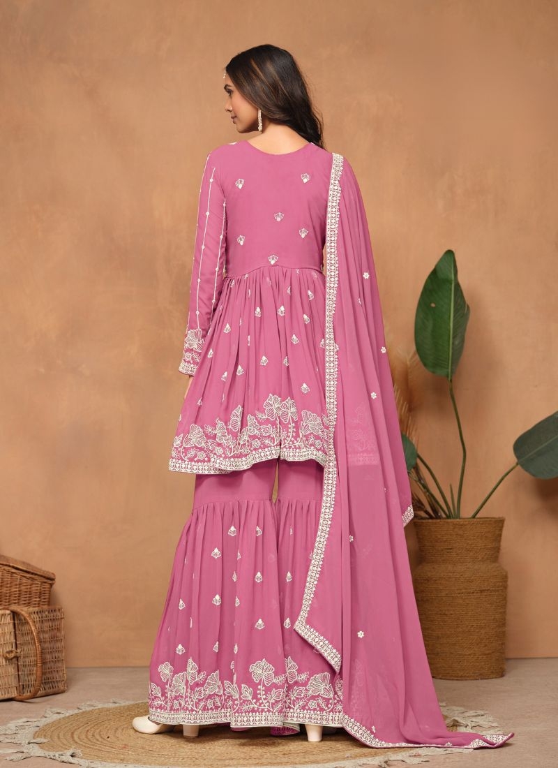 Stunning faux georgette sharara suit with embroidered dupatta in pink