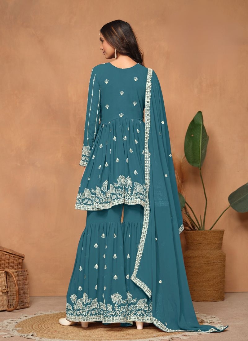 Stunning faux georgette sharara suit with embroidered dupatta in dark blue