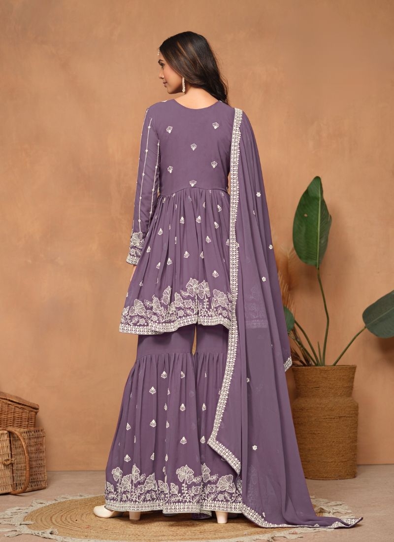 Stunning faux georgette sharara suit with embroidered dupatta in purple