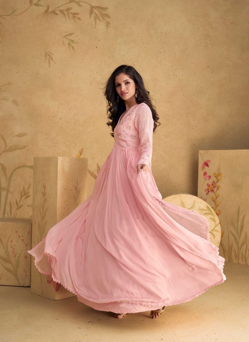 Exquisite designer anarkali suit with printed dupatta in baby pink