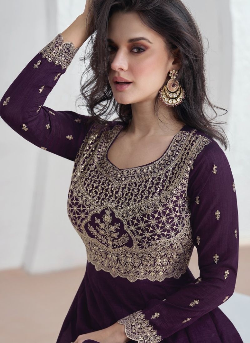 Beautiful silk anarkali suit with mirror work embroidery in dark purple