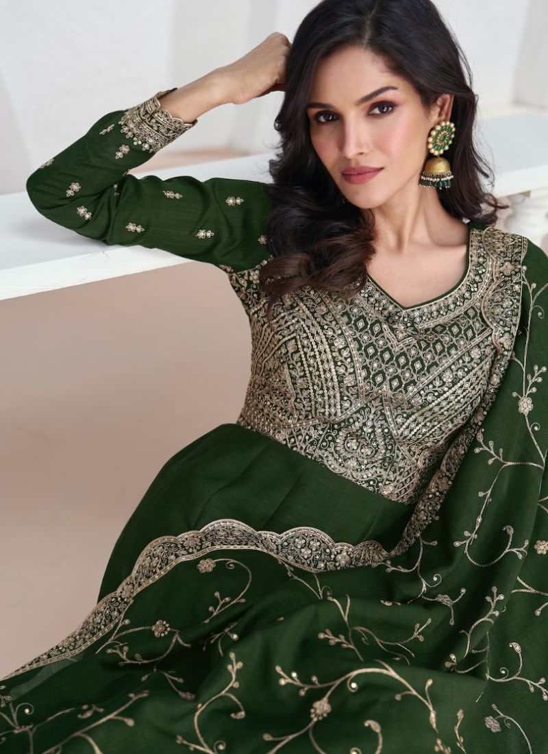 Beautiful silk anarkali suit with mirror work embroidery in mehandi  green