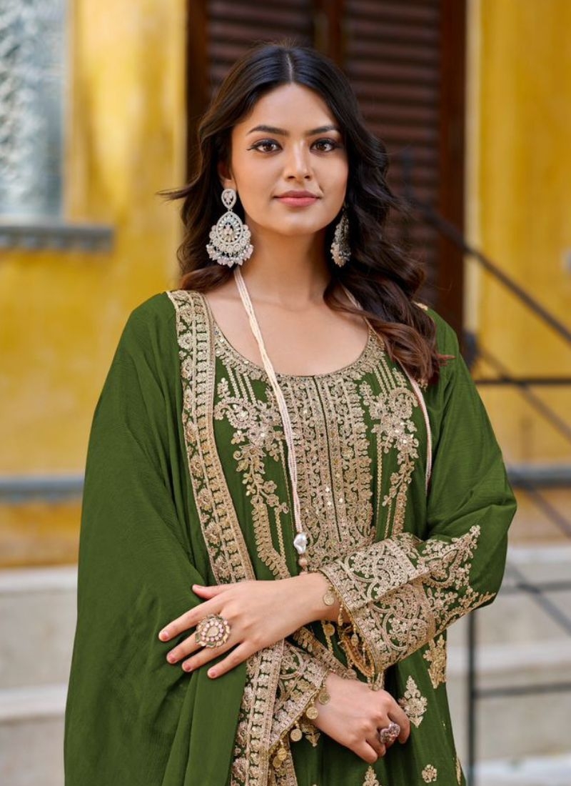 Designer chinon palazzo suit with embroidered dupatta in dark green