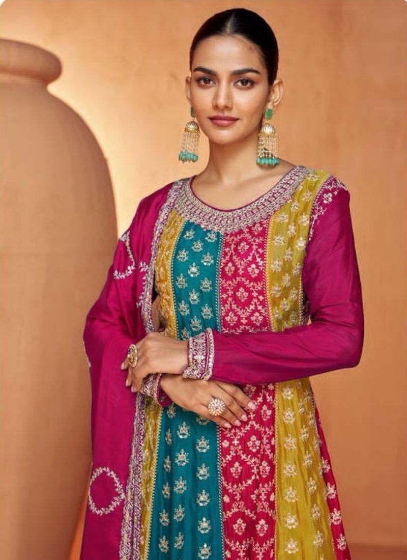 Exquisite Chinon Sharara suit with embroidered dupatta in magenta