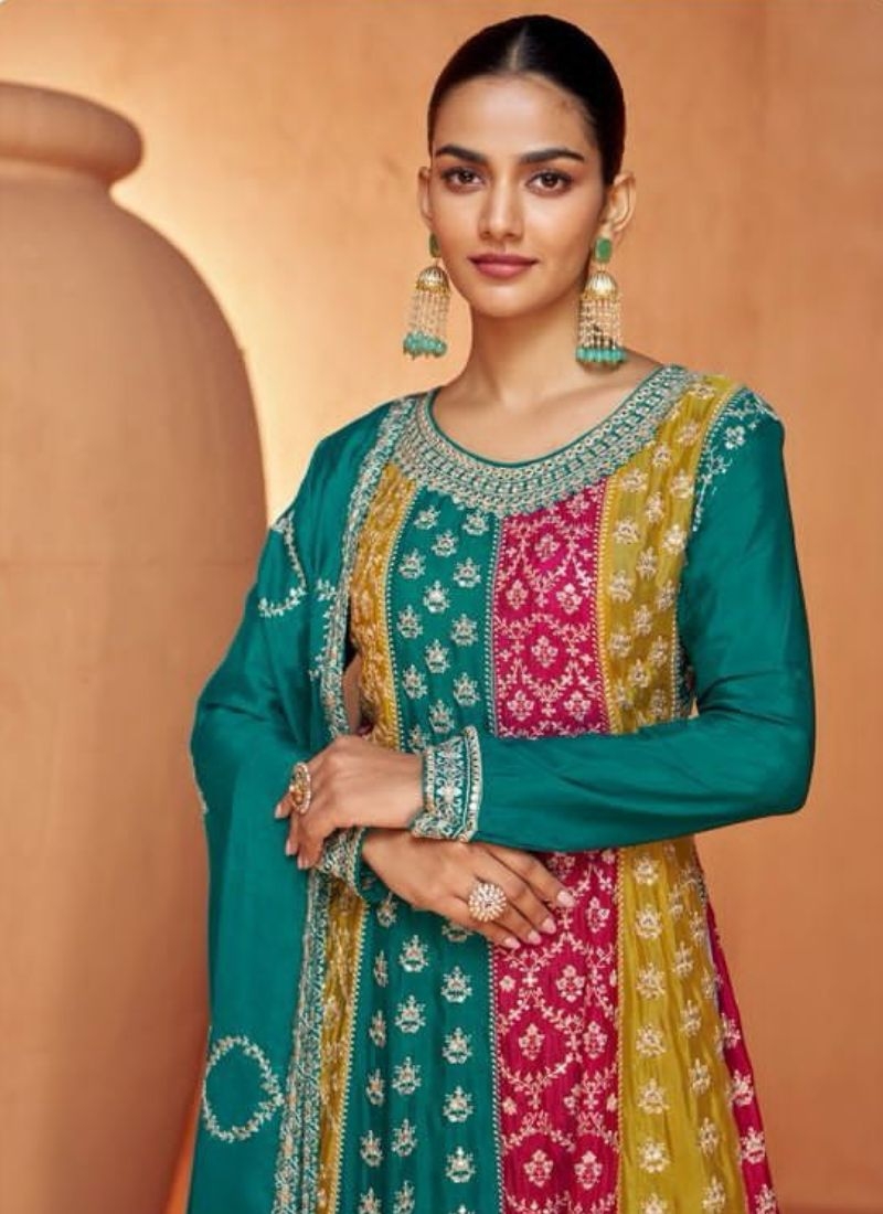 Exquisite Chinon Sharara suit with embroidered dupatta in blue