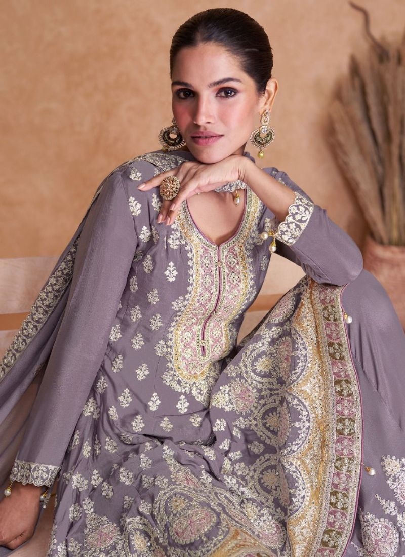 Beautiful chinon sharara suit with heavy embroidery in light purple