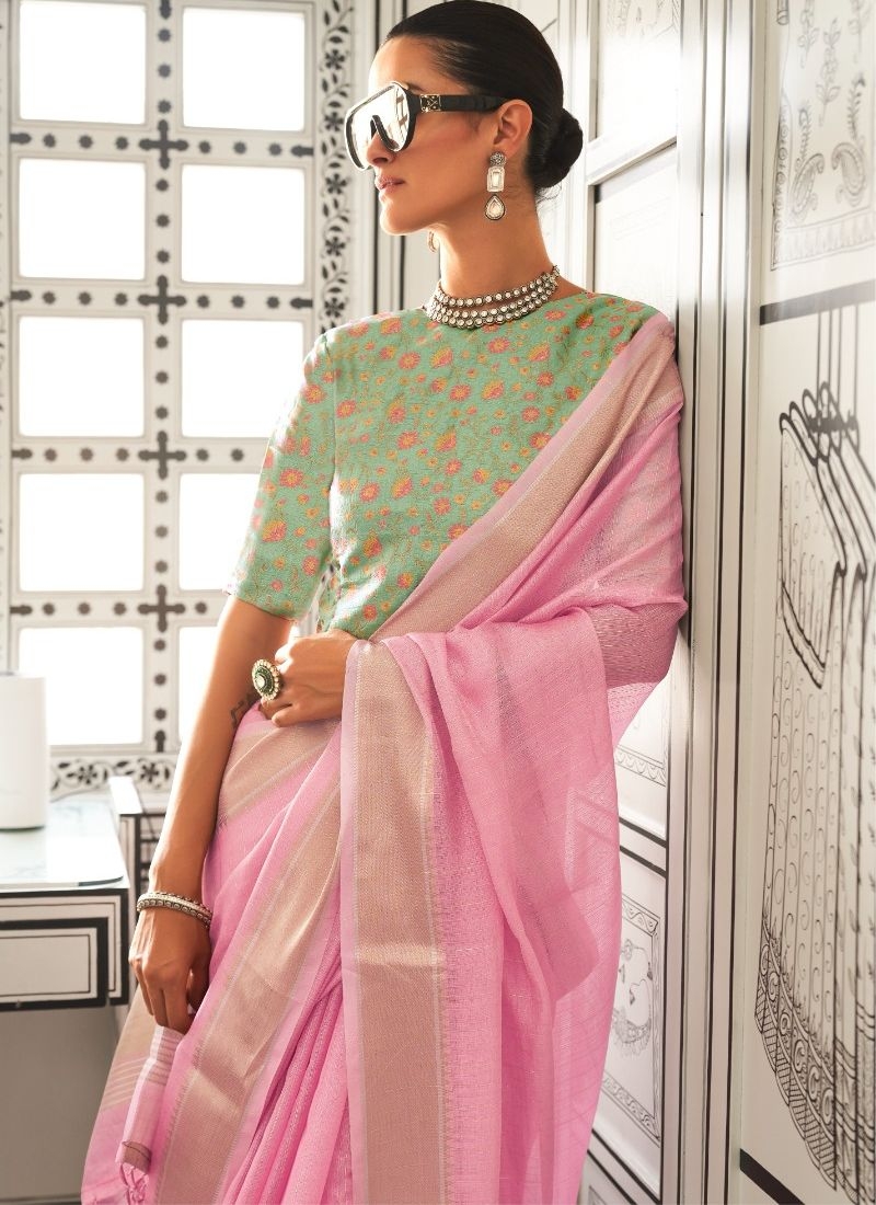 Designer zari lining border chiffon saree in pink