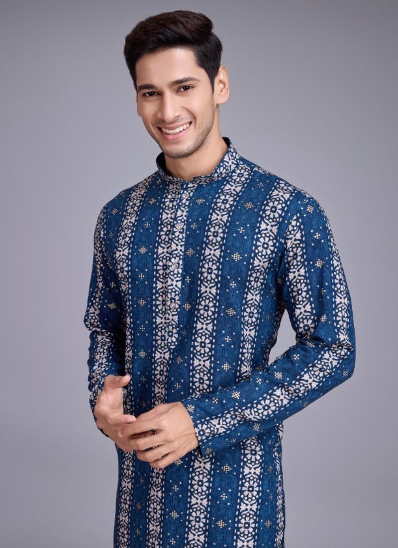 New cotton Kurta pajama with foil printing in blue