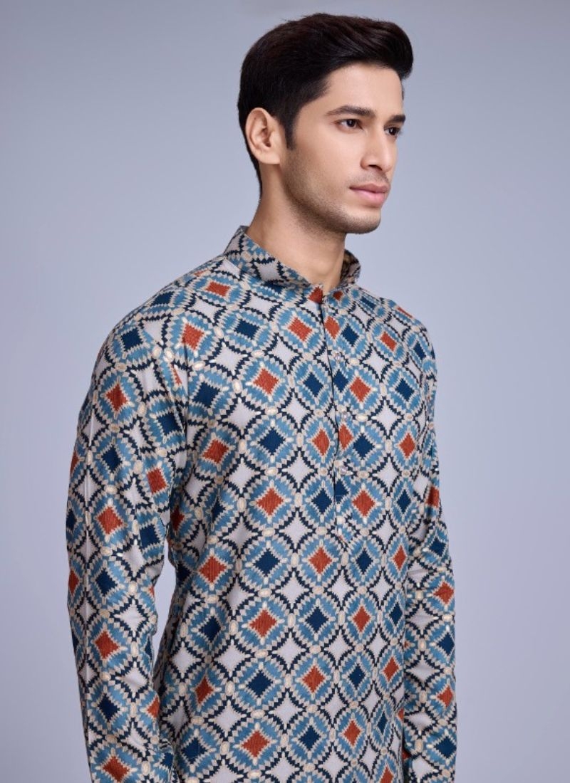 New cotton Kurta pajama with foil printing in grey