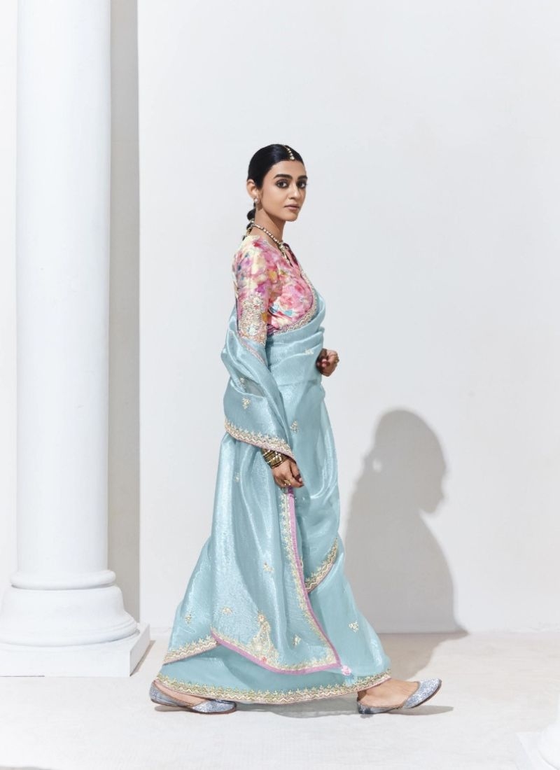 Premium embroidered organza saree in sky blue