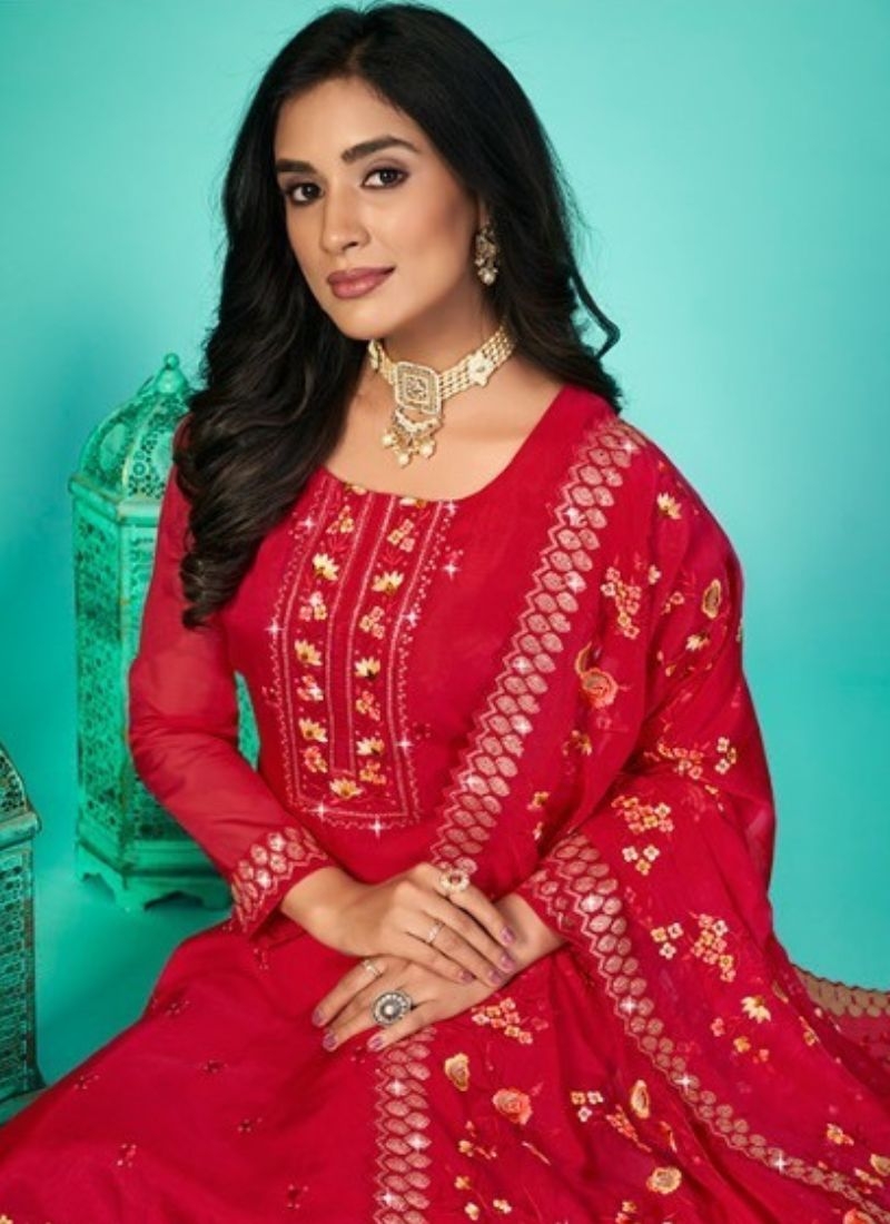 Stunning heavy embroidered georgette palazzo suit in red