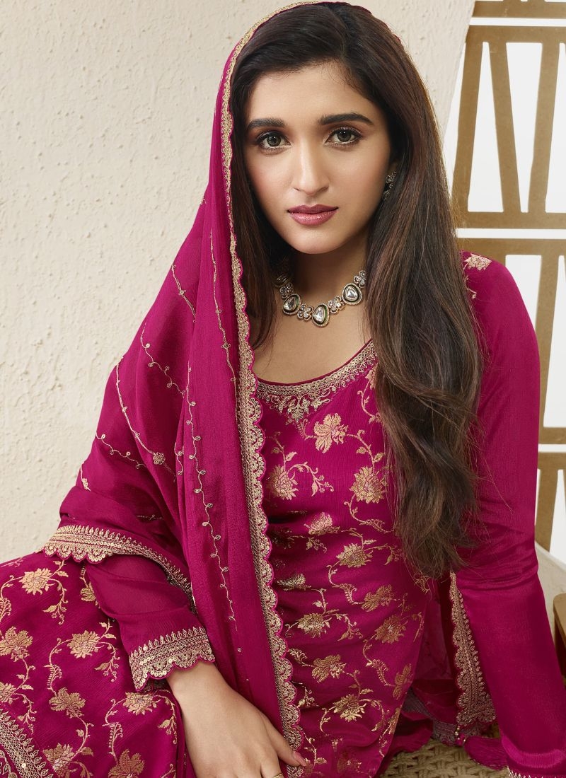 Beautiful embroidered Chinon sharara suit  in dark pink