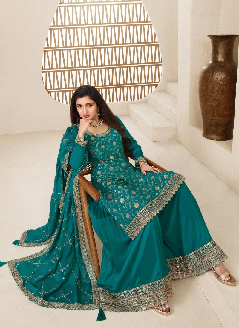 Beautiful embroidered Chinon sharara suit  in green