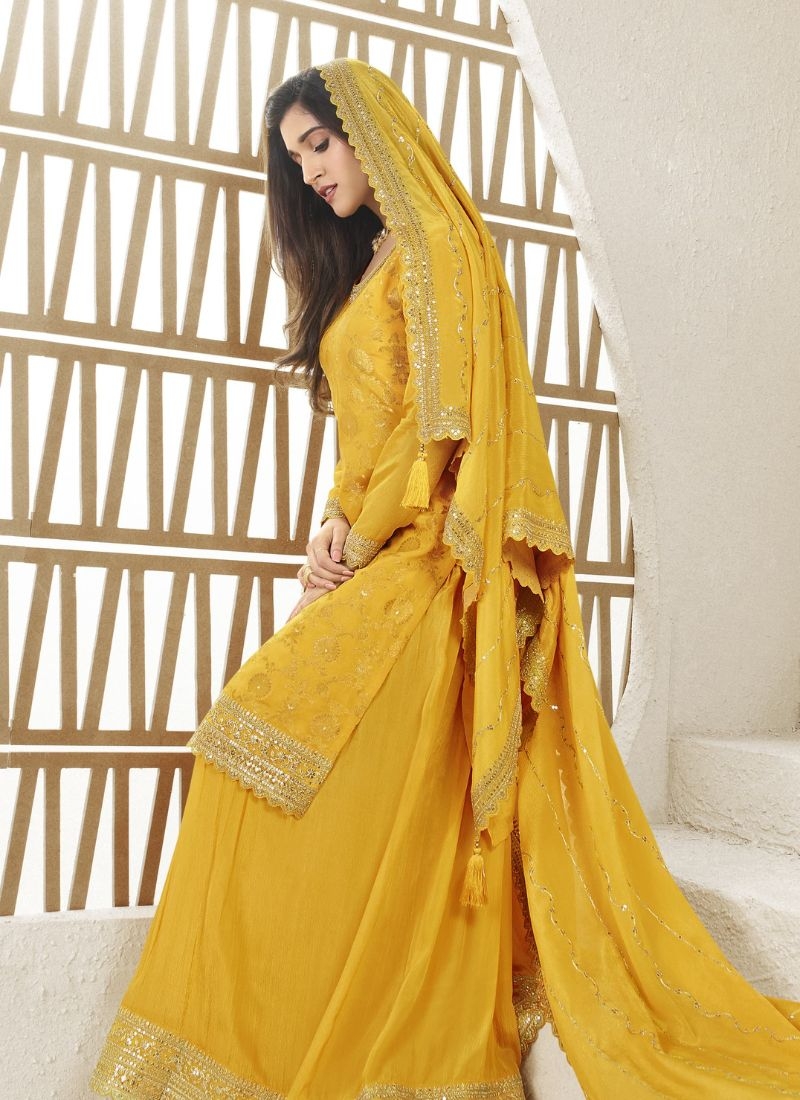 Beautiful embroidered Chinon sharara suit  in yellow