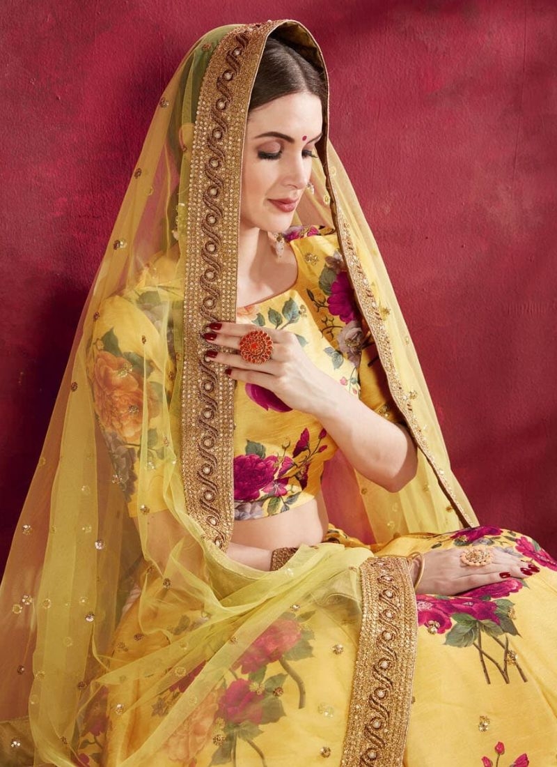 Gorgeous floral printed banglory silk lehenga choli in yellow