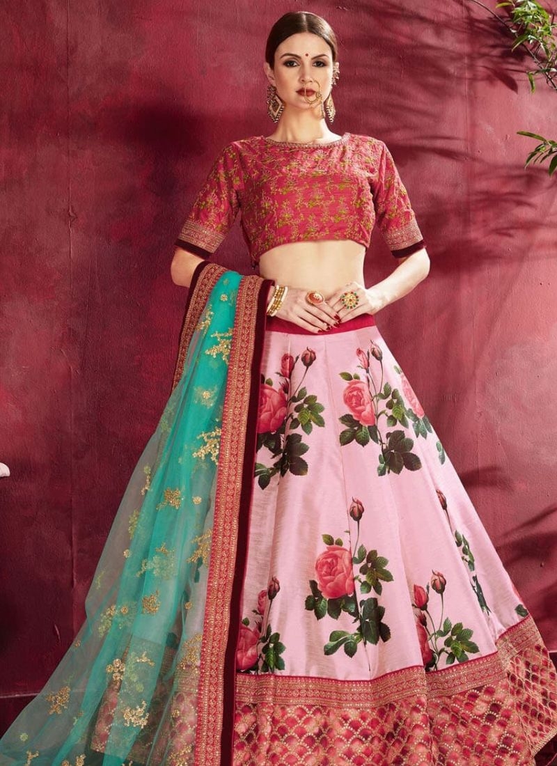 Gorgeous floral printed banglory silk lehenga choli in pink