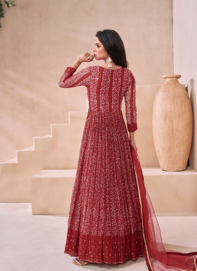 Trendy embroidered anarkali suit with net dupatta in red