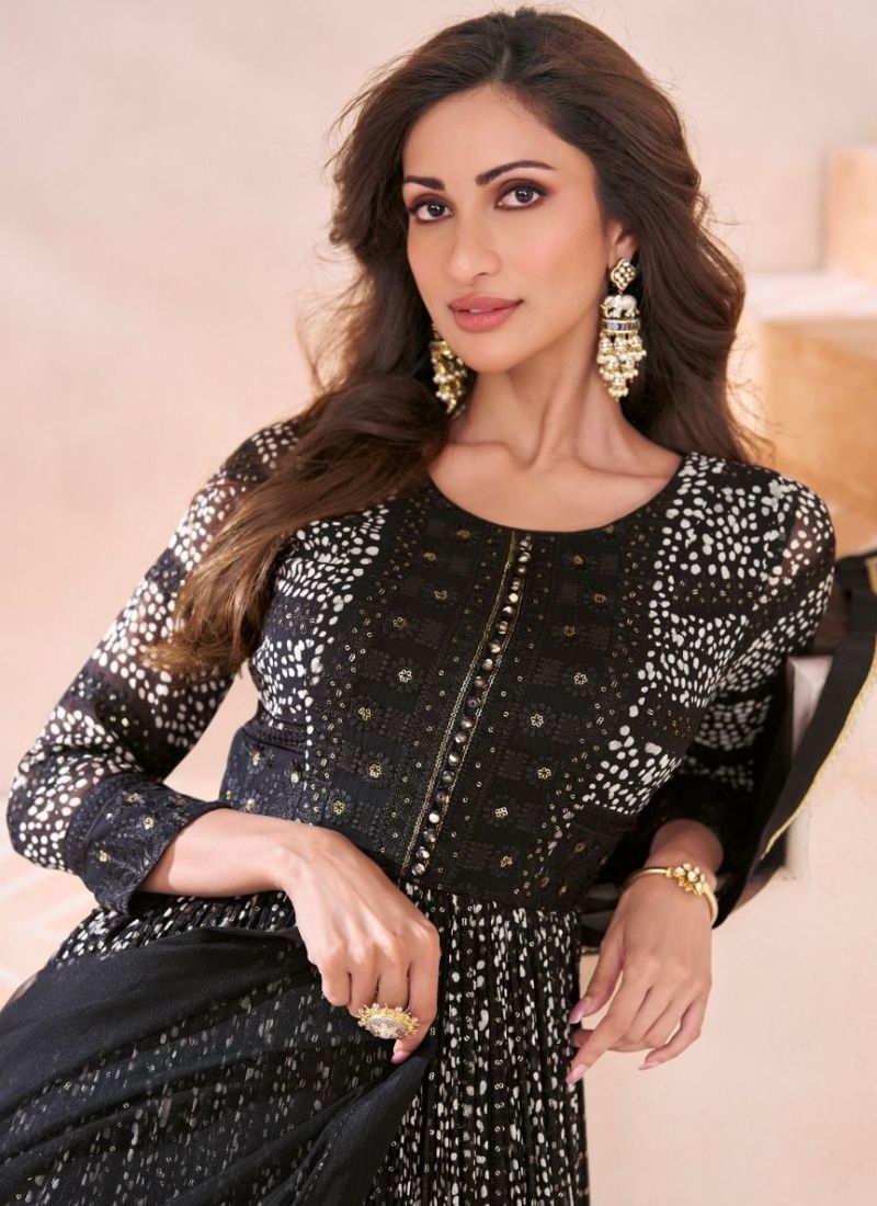 Trendy embroidered anarkali suit with net dupatta in black