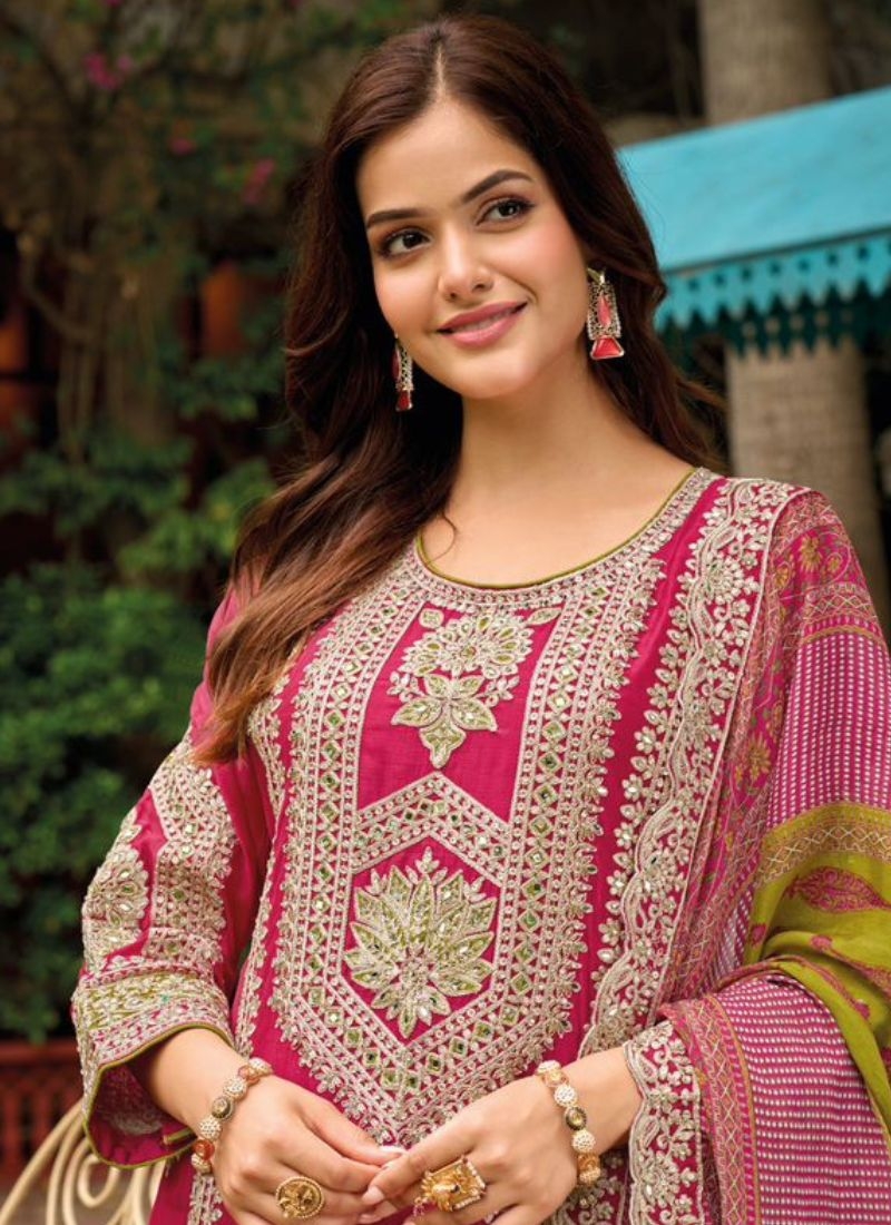 Premium embroidered sharara suit with embroidered dupatta in magenta