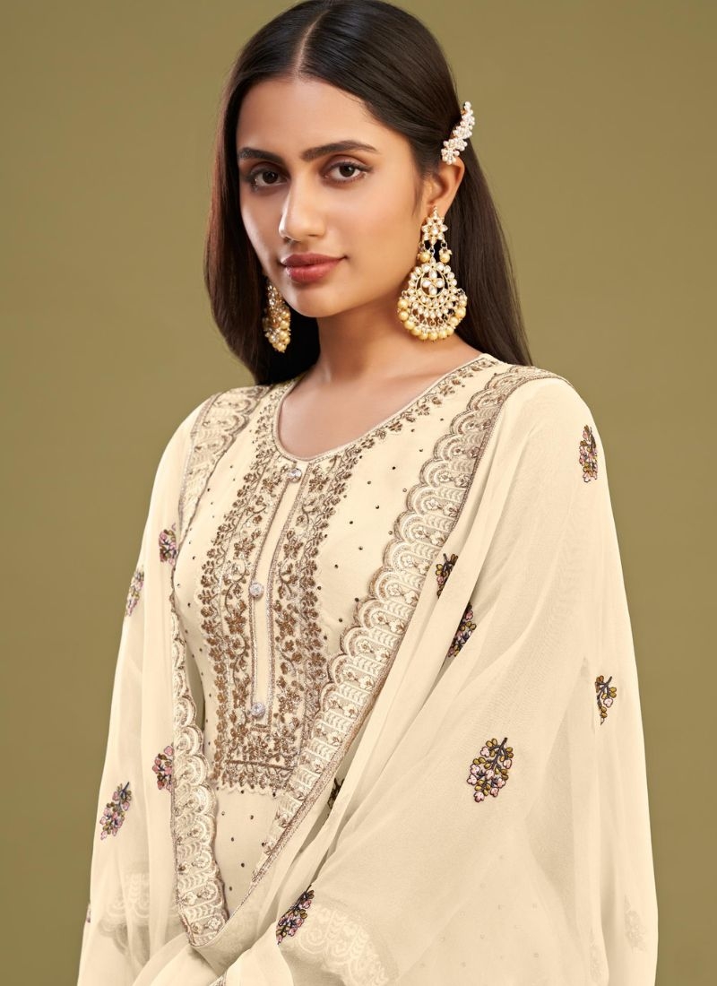 Designer georgette embroidered pant suit in cream