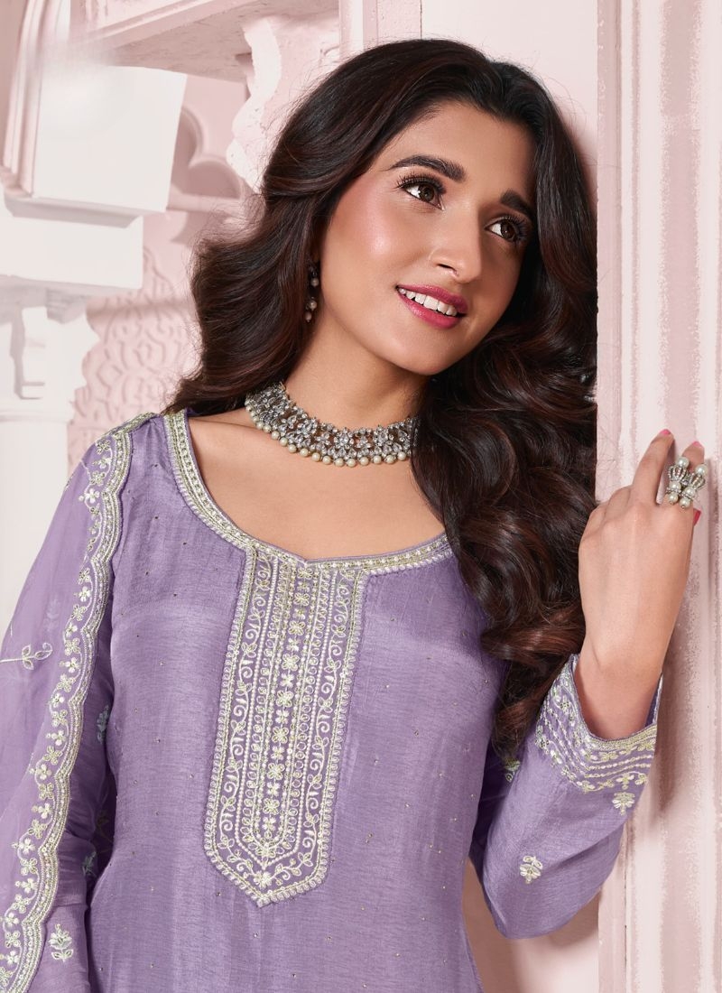 Embroidered Chinon kurta pant suit & dupatta in purple